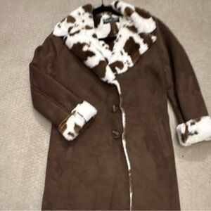 Brown Faux Suede Long Coat with Cowhide Faux Fur Trim